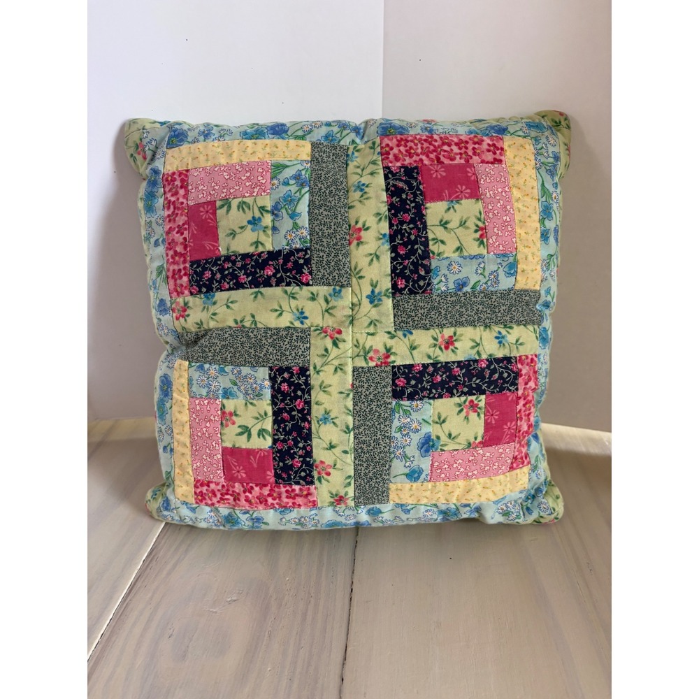 Vintage Handmade Quilted Patchwork Log Cabin Floral Pillow 12x12 Cottagecore